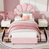 Garvee Twin Size Bed Frame Upholstered Princess Velvet Platform Bed with Headboard, 2 Storage Drawers, Solid Wood Slat Support, Kids Girls Boys, Adjustable Headboard, Soft Berber Fleece Fabric - Pink