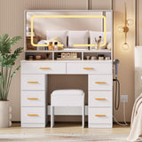 Garvee 42" LED Makeup Vanity Desk with Large Mirror, 8 Drawers, Charging Station, White, Bedroom Dressing Room - White