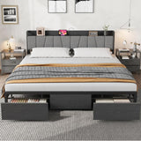 Garvee King Size Bed Frame with Upholstered Headboard, Storage Drawers, Charging Station, Metal Slats, Black, Platform Bed for Bedroom