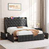 Garvee Full Size Upholstered Platform Bed Frame with Storage Drawers and Charging Station, Adjustable Wingback Headboard, Diamond Tufted, No Box Spring Needed, Gray