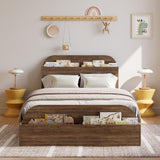 Garvee Twin Size Bed Frame Wooden Platform with Storage Headboard and Raised Footboard for Kids Bedroom Walnut