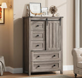 Garvee Farmhouse 5 Drawer Dresser with Sliding Barn Door for Bedroom, Hallway, Living Room, Kitchen, 48 in Tall, Grey - Grey