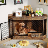 Garvee 51.3 Inch Corner Dog Crate Furniture Wooden Dog Kennel with Mesh 360° Rotating Feeder Small Medium Large Dog Modern Dog Cage TV Stand