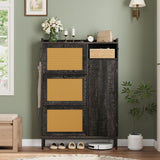 Garvee Rattan Shoe Cabinet, Walnut MDF and PB Entryway Storage with 3 Flip Drawers and Side Door, 35.4"X9.3"X51.7", Adjustable Shelves, PE Rattan Panels, Metal Legs, Anti-Tip Hardware, Side Hooks and Top Cubby for Hallway, Bedroom and Closet - Walnut