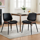 Garvee Dining Chairs Set of 2 Mid-Century Modern Upholstered PU Leather Kitchen Chairs Walnut Bentwood Back Metal Legs Adjustable Feet Black - Black-2Pcs