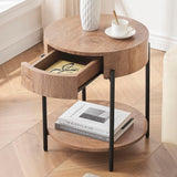 Garvee Round Side Table With Drawer 2-Tier Coffee Table Wood Metal Legs Vintage Style Durable MDF Living Room Bedroom 50x50x55cm