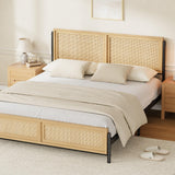 Garvee Boho Queen Size Bed Frame with Natural Rattan Headboard and Footboard, Wooden Platform Bed, Noise-Free, Easy Assemble, 83.4x60.9x43.7 in, Natural Wood Tone