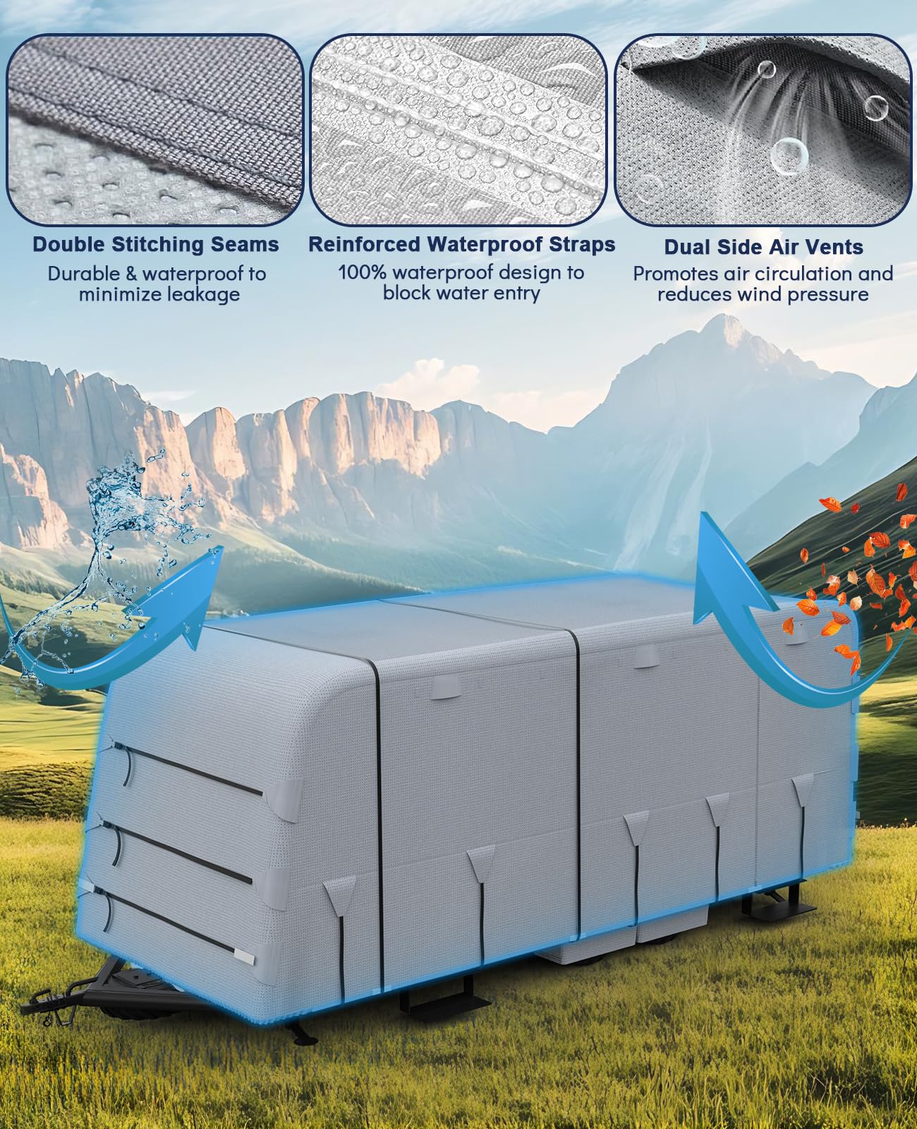Garvee Heavy Duty 4-Layer RV & Travel Trailer Cover – Waterproof, Windproof, UV Resistant, Breathable – Extra Straps & Tire Covers – Fits 20-22FT, Grey – 160g Four-Layer Top & 110g Three-Layer Sides Non-Woven Fabric