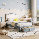 Garvee Upholstered Twin Bed Frame With Storage Drawer & Scallop Headboard For Kids Girls, Princess Twin Size, Blue/White