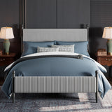 Garvee Full Size Bed Frame Corduroy Upholstered Vertical Stripes Headboard Vintage Metal Legs Grey No Box Spring Needed Easy Assembly - Full Grey