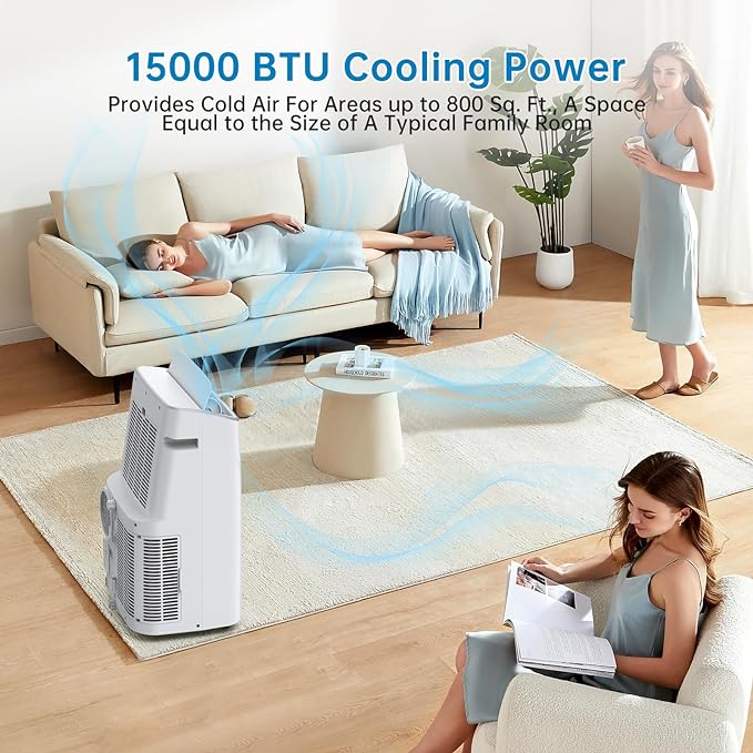 Garvee 15,000 BTU Portable Air Conditioner, Cools up to 800 Sq.ft, Portable AC Built-in Cool with Dehumidifier and Fan Modes, Remote Control and Installation Kits, < 50dB, White