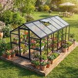 Garvee 8x12ft Greenhouse Heavy Duty Aluminum Frame Polycarbonate Garden Backyard Lawn Grey with Roof Vent & Lockable Door - Gray Swing Door