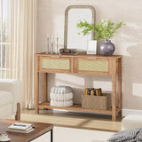 Garvee 43'' Rattan Console Table with 2 Drawers Narrow Entryway Table Storage Shelf Modern Accent Sofa Table Walnut