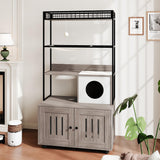 Garvee Cat Litter Box Enclosures with Storage Rack, Multifunctional Cat House, Hammock, Sisal Balls, Scratching Mat, Space-Saving Design, Waterproof Wooden Surface - Gray
