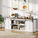 Garvee 70 in Farmhouse TV Stand for 75 in TVs with Sliding Barn Doors, Modern Media Console Table, Wood Long TV Stand for Living Room, Rustic Brown - Coffee-White