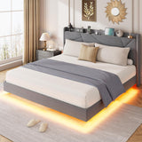 Garvee Queen Size Floating Bed Frame with RGB LED Lights and Charging Station, Upholstered Platform Bed with Storage Headboard, Grey, No Box Spring Needed - Grey