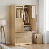 Garvee Armoire Wardrobe Closet with 2 Glass Doors & 2 Fluted Drawers, Wooden Storage Cabinet, Large Capacity for Bedroom, Natural
