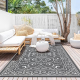 Garvee Outdoor Plastic Straw Rug 8x10 Reversible Waterproof Patio Rug Grey for Camping, Picnic, Beach, RV, Balcony - Floral Grey
