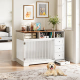 Garvee 48" Dog Crate Furniture with Bowl & Storage Drawers, Farmhouse Style, Medium Small Dogs, Retro Brown - White