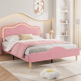 Garvee Full Size Upholstered LED Bed Frame with Adjustable Headboard and Footboard for Kids/Girls, Pink Velvet, Wooden Slats Support - Pink