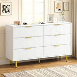 Garvee 6 Drawer Dresser Modern White Fluted Wooden Wide Chest of Drawers Storage Organizer with Metal Handles & Legs for Bedroom Living Room Entryway 56x18x34 in