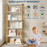 Garvee Wooden Bookshelf 71 Inch 6-Tier Industrial Tall Bookcase Metal Frame Freestanding Storage Rack White And Gold For Bedroom Living Room Home Office