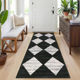Garvee 2x6 Washable Runner Rug Distressed Trellis Checkered Pattern for Entryway Kitchen Bathroom, Low Pile, Black and White - Checkered|Black & White