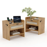 Garvee Rattan Nightstand Set of 2 with Type-C Charging Station, Storage Drawer, Bedroom Office End Table, 23.6" x 15.35" x 22", Neutral Color - Walnut