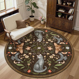Garvee 5ft Round Cat Floral Area Rug, Washable Non-Slip Soft Low Pile Circle Rug, Vintage Botanical Animal Design for Bedroom, Living Room, Nursery, Playroom, Brown