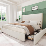 Garvee King Size Upholstered Platform Bed Frame With Storage Drawers Beige Corduroy Wingback Tufted Headboard Footboard No Box Spring Needed - Off White