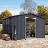 Garvee 8x10 ft Metal Storage Shed Galvanized Steel Outdoor Garden Shed Dark Grey Weatherproof Lockable - Gray