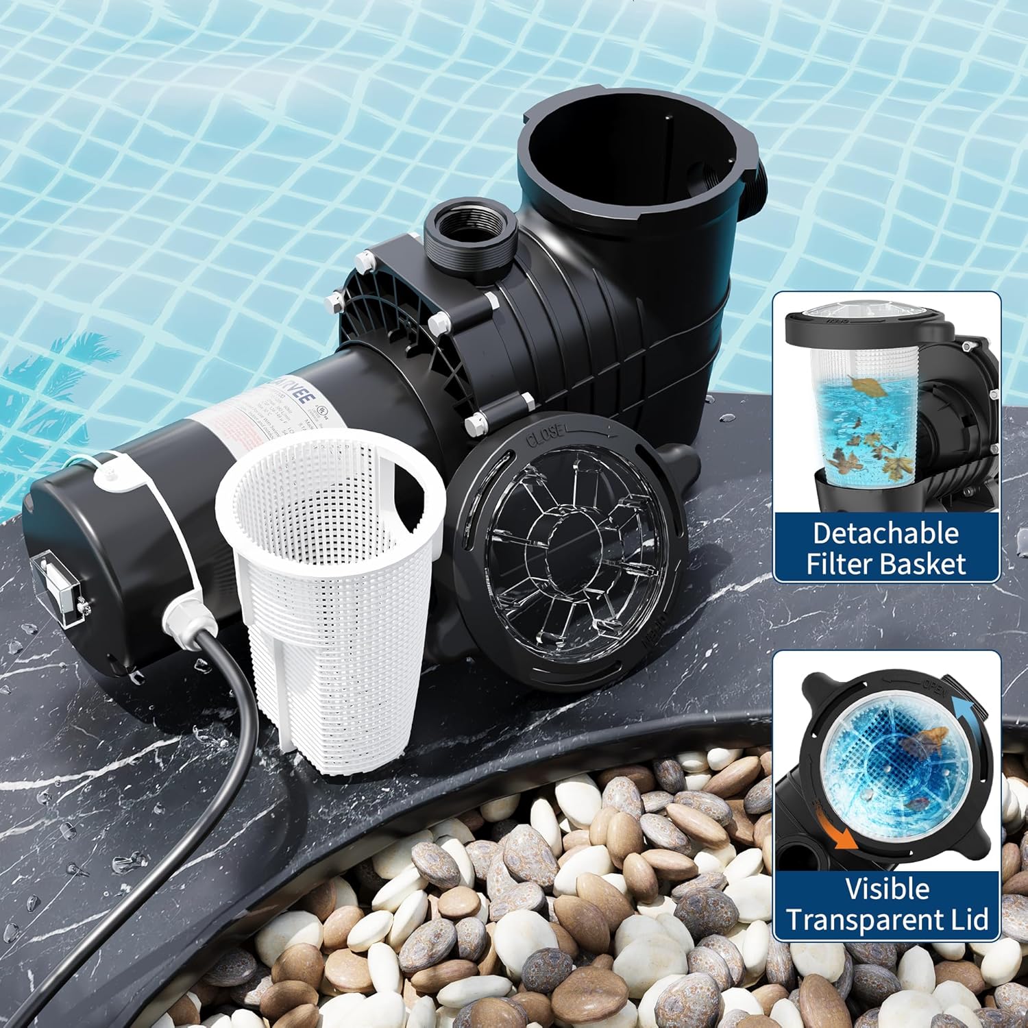 Garvee 1.5HP Pool Pump 1100W, 220V Swimming Pool Pump for Above Ground & Inground Pools, High Flow Copper Motor, Durable Thermoplastic Body with Strainer Basket