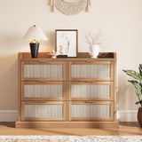 Garvee Farmhouse 6 Drawer Dresser Rattan Chest of Drawers for Bedrooms Living Rooms 47x28x35 Natural Wood