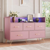 Garvee LED Dresser with Charging Station - Modern 5-Drawer 47" Wide Wooden Chest for Bedroom Nursery Hallway Apartments, RGB LED, Durable Wood, Compact Size - Pink