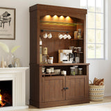 Garvee Coffee Bar Cabinet with LED Lights, Microwave Stand, Wine Rack, Glass Shelf, 72 in Tall, Warm Brown, Farmhouse Kitchen Sideboard - Warm Brown