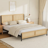 Garvee Boho Full Size Bed Frame with Natural Rattan Headboard and Footboard, Wooden Full Platform Bed, Noise-Free, Easy Assemble, 78.2in L x 54.6in W x 43.7in H, Natural Tones