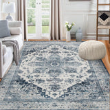 Garvee 9x12 Area Rug Vintage Distressed Machine Washable Area Rug for Living Room Bedroom Traditional Medallion Non-Slip Stain Resistant Accent Rug Carpet for Home Decor Floor Decoration, Blue - Blue