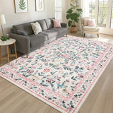 Garvee Floral 9x12 Pink Washable Area Rug for Living Room, Non-Slip Non-Shedding Soft Vintage Rug, Low Pile Farmhouse Floral Carpet, Non-Shedding Indoor Foldable Printed Rug for Bedroom
