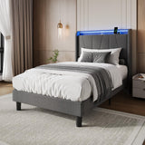 Garvee Twin Bed Frame Metal Platform With LED Upholstered Storage Headboard USB Charging Station Wooden Slats Support No Box Spring Needed Easy Assembly - Grey
