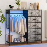 Garvee 49.2" W Dresser with Hanging Rack, 6 Reversible Drawers, LED Lights, Charging Station for Girls' Bedroom, Fabric Closet Organizer, 49.2"x15.8"x47.2", White - Grey