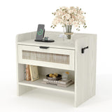 Garvee Rattan Nightstand with Type-C Charging, 1 Drawer, Open Shelf, Durable Plastic Rattan Look, Gold Handles, 60x39x56 cm, Boho Bedroom & Living Room - Milky White