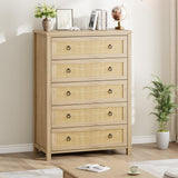 Garvee 5 Drawer Tall Rattan Dresser for Bedroom, Living Room, Hallway, 45'' Natural Oak Wooden Chest with Clothes Storage
