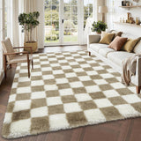 Garvee Checkered Rug 8x10 Plush Shag Non-Slip Taupe-White for Living Room Bedroom Home Decor - Taupe