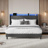 Garvee King LED Bed Frame with Charging Station, Upholstered Storage Headboard, Platform Bed, King Size, RGB Lighting - Grey