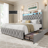 Garvee King Size Bed Frame with 50.8" Tall Headboard, 4 Storage Drawers, USB Charging Station, LED Lights, Dark Grey, Platform Velvet Upholstered, No Box Spring Needed - Grey