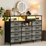 Garvee Dresser with 11 Fabric Drawers, Power Outlet & LED Lights, 55" TV Stand for Bedroom, Closet, Entryway, Wooden Top, Multi-Color - Grey