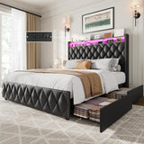 Garvee Queen Bed Frame With 50.8 In Tall Headboard, 4 Storage Drawers, USB Charging Station, LED Lights, Black, Platform Bed, Easy Assembly - Black