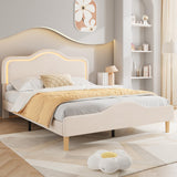 Garvee Queen Size Upholstered LED Bed Frame with Adjustable Headboard and Footboard, Velvet Platform Bed for Kids, Beige, Wooden Slats Support - Beige