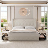 Garvee Upholstered Full Bed Frame with 4 Storage Drawers, Wingback Headboard, Charging Station, Full Size, Linen Color - Off White