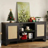 Garvee Rattan TV Stand for Living Room, Boho Entertainment Center, Fits 55-65 in TVs, Black, Storage Cabinet - Black